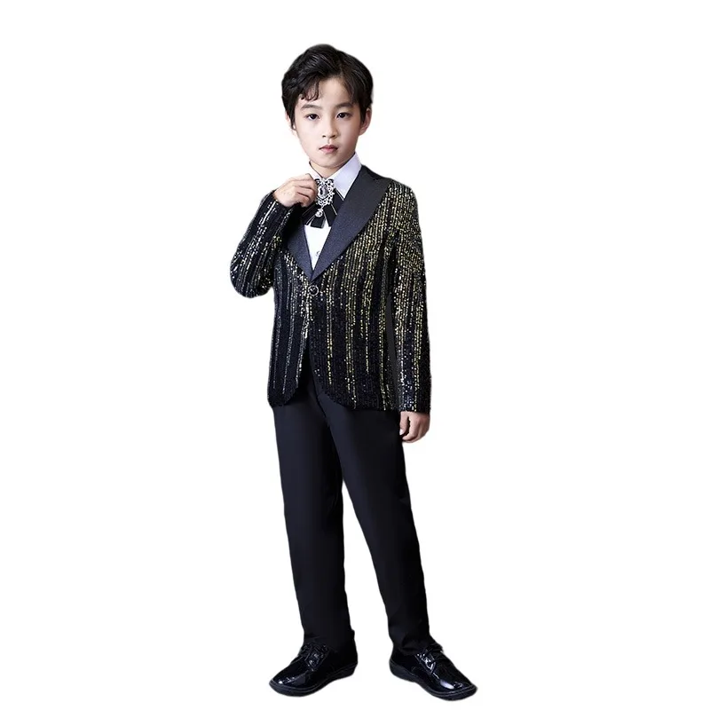 Boys Formal Wedding Birthday Party Dress Children's Sequins Jacket Pants Bowtie 3pcs Piano Performance Suits