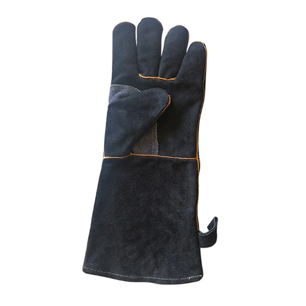

1Pair Heat Resistant Oven Gloves Cowhide Microwave Mitts Denim Cuff Non-Slip Kitchen Bbq Grilling 40Cm