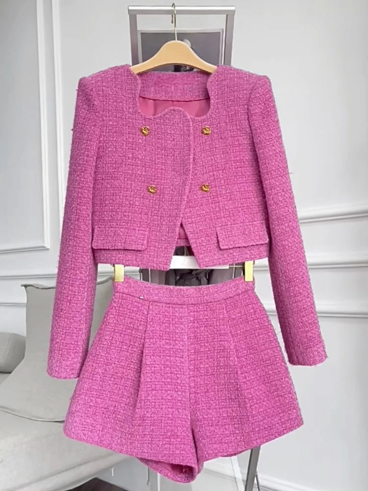 Elegant Commuter Autumn Winter Suit Women's New High Quality Metal Buckle Tweed Blazer Coat+Shorts Casual Fashion 2 Piece Set