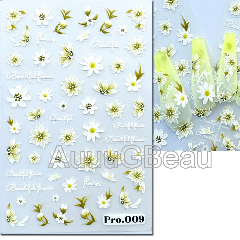 

5D Embossed Nail Art Decals Elegant White Petals Flowers Adhesive Sliders Nail Stickers Decoration For Manicure