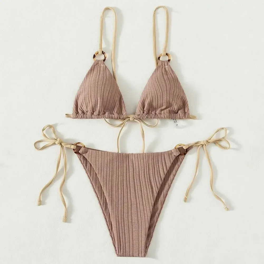 Padded Three-point Women Bikini Set Solid Color Spaghetti Strap Hoop Women Swimsuit Two-piece Swimwear Wireless Bathing Suit