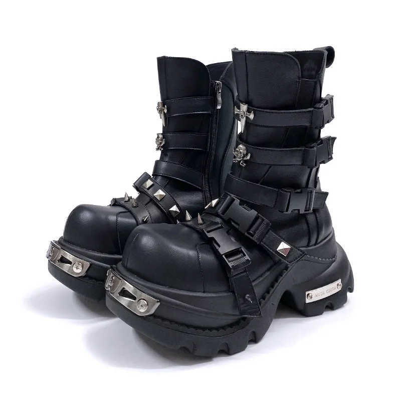 

Gothic Punk Platform Boots for Women Metal Decoration Multi Buckle Strap Motorcycle Boots Chunky Heel Women's Ankle Boots Botas