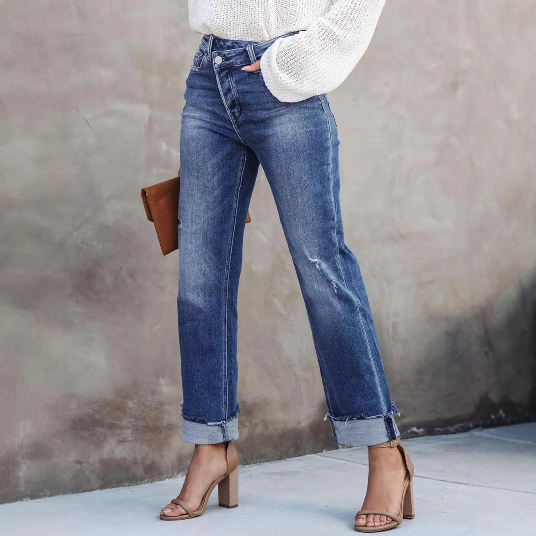 

Women Jeans High Waist Ripped Denim Pants Slim Straight Fit Denim Jeans Medium Wash Blue Distressed Jeans Pants Five Pocket