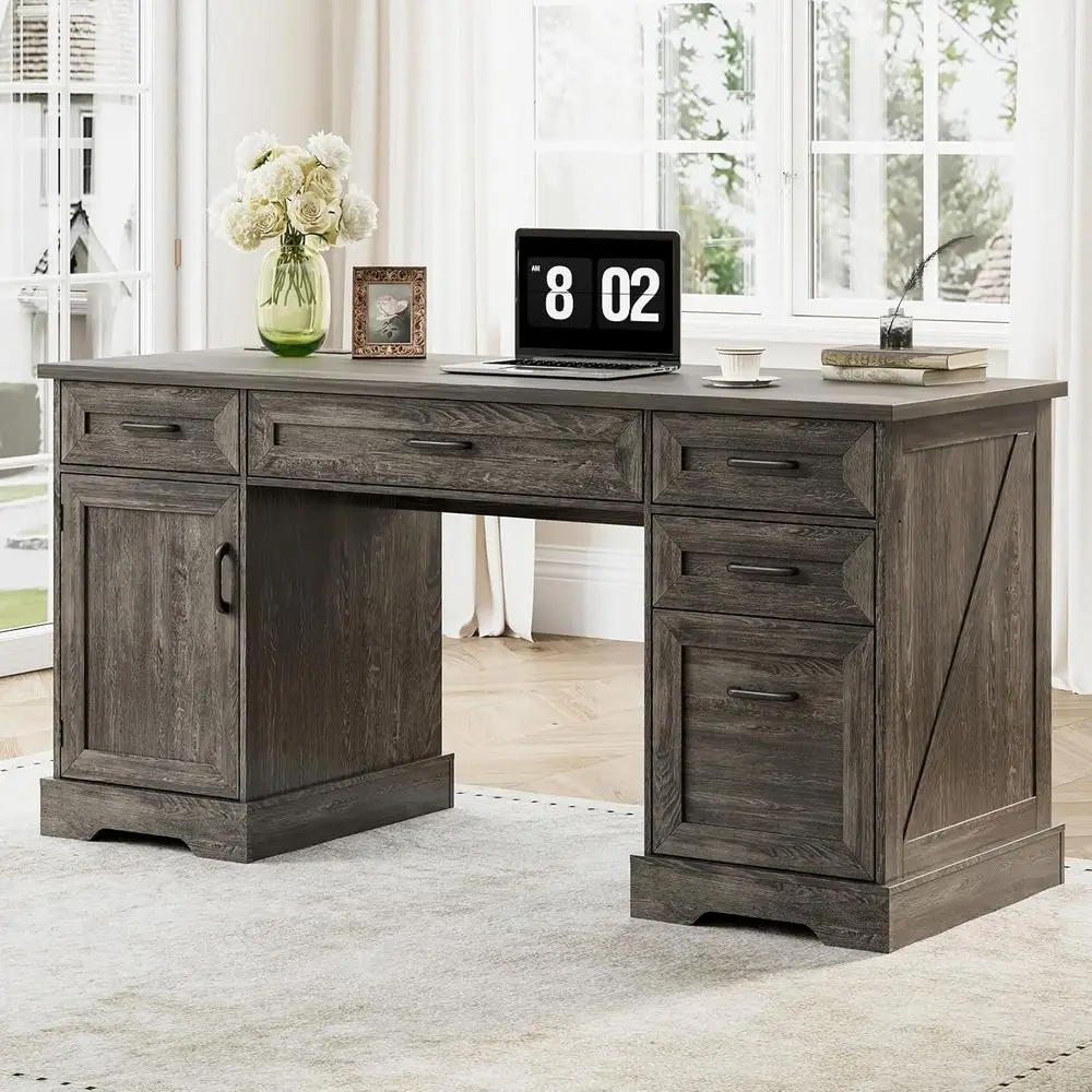 

Письменный стол из дуба с ящиками, ширина 59 дюймов, с тумбой для документов и зарядной станцией для домашнего офиса