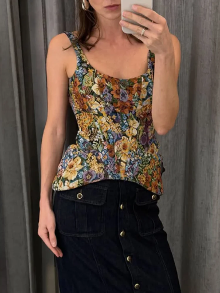 Fishbone Sleeveless Thin Strap Top Waist-cinching Vintage Floral Cropped Vest Summer Forest Cottage Holiday Outfits For Women
