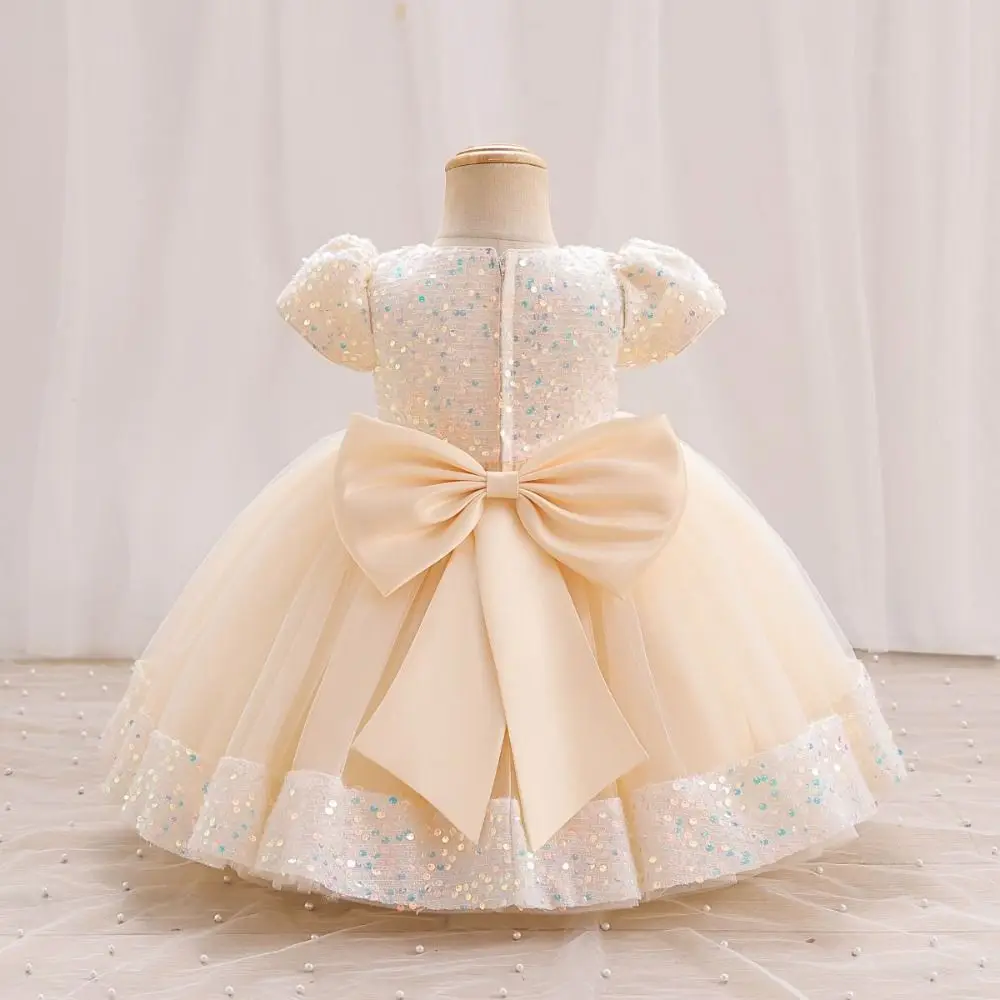 

Puff Sleeve Girls Princess Evening Dress Bowknot Shiny Glitter Summer Lace Dress Sweet Flower Children Tulle Dress Birthday