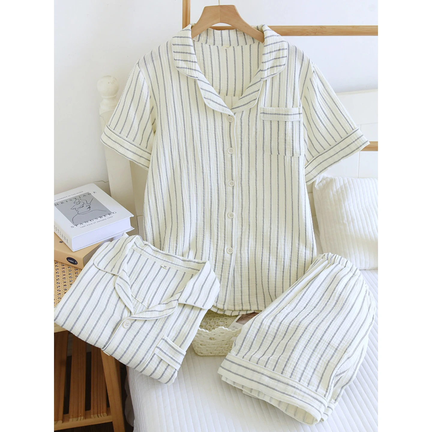 2-Piece Women's Pajama Set, Casual Stripe Sleepwear, Cotton Gauze Short Sleeve & Shorts, Lightweight & Relaxed Fit, Breathable S