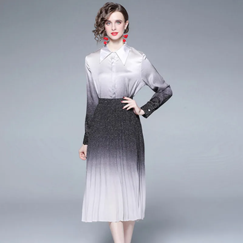 Runway Fashion Autumn 2 Pieces Set Women Lapel Long Sleeve Shirt Tops + High Waist Gradient Printed Pleated Skirt Suit