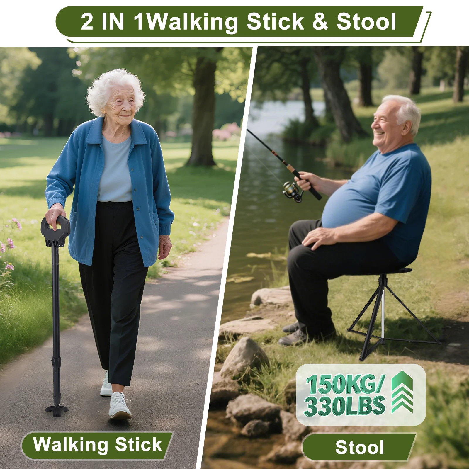 Image of 2-in-1 Gehstock mit Sitzhocker, höhenverstellbar, aus Aluminiumlegierung, 87-98 cm, leichter, faltbarer Sitzstock, 150 kg Tragkraft, rutschfeste Fußpolster für Senioren, zum Wandern, Outdoor-Reisen,