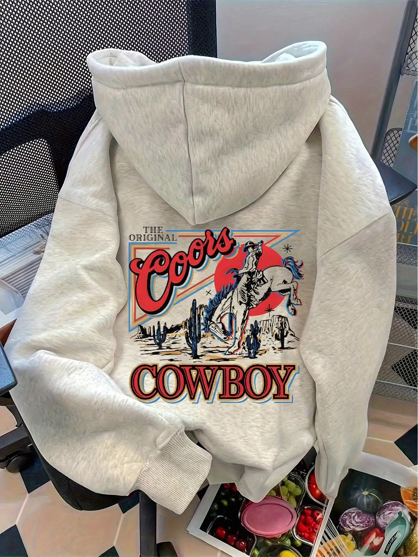 Coors Cowboy Vintage Print Hoodie for Women, Loose Fit Fall Sweatshirt with Pocket & Dropped Shoulder