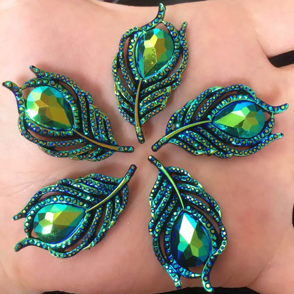 New 10PCS AB Resin 3D Peacock Feathers Flatback Rhinestone Wedding DIY Buttons W194