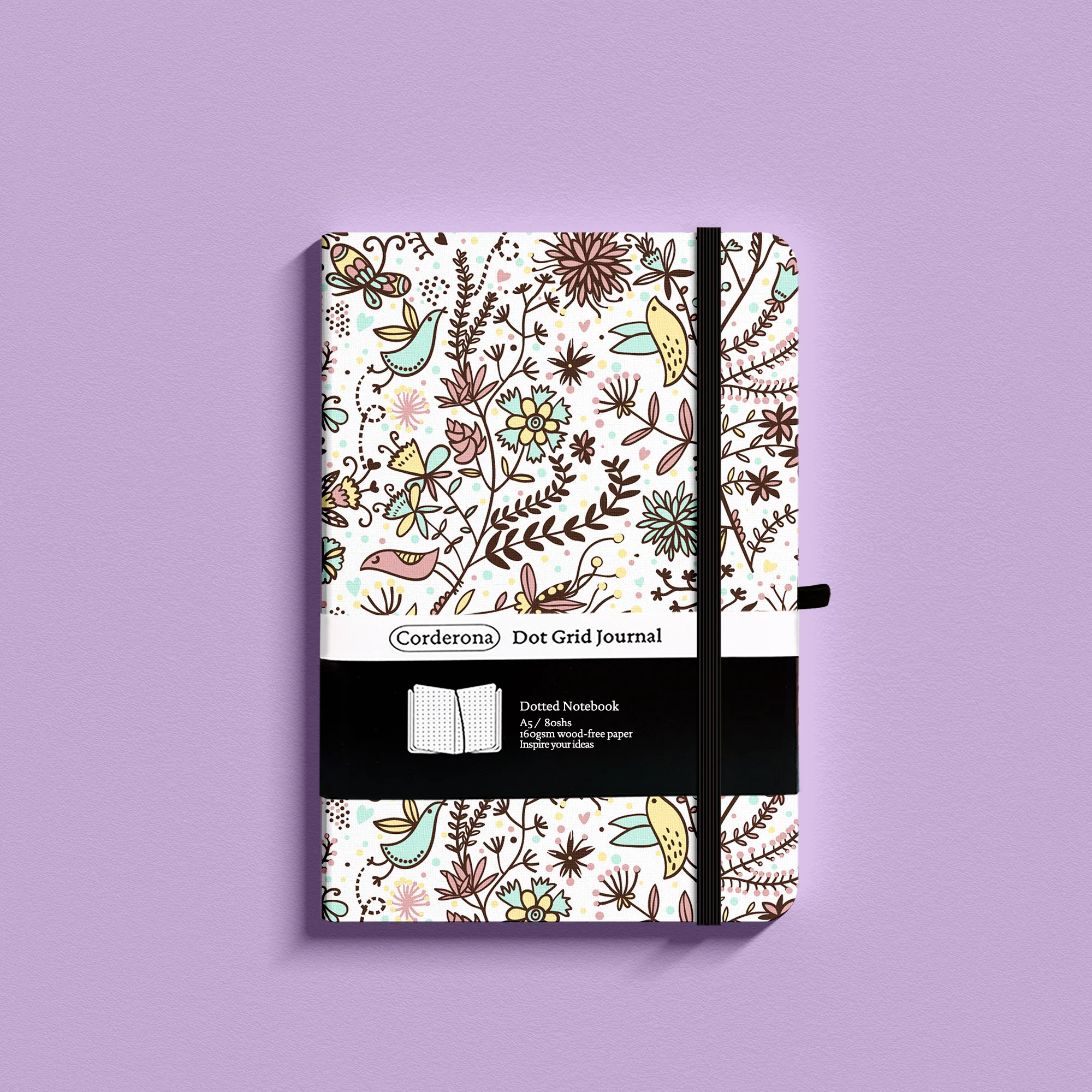 A5 Floral Bullet Dotted Journal 160gsm Thick Paper Elastic Band Hardcover Notebook