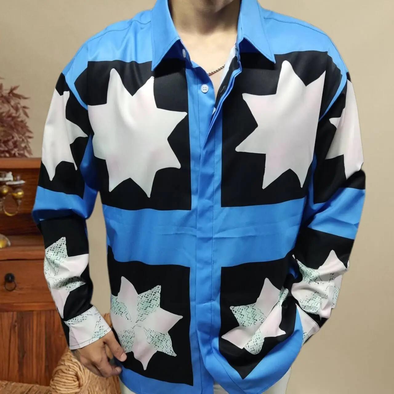 

2024 New Star Pattern Shirt Long Sleeve Casual Men Shirt Streetwear Camisa Fashion Masculina Hawaii Shirt Social Shirt Blue