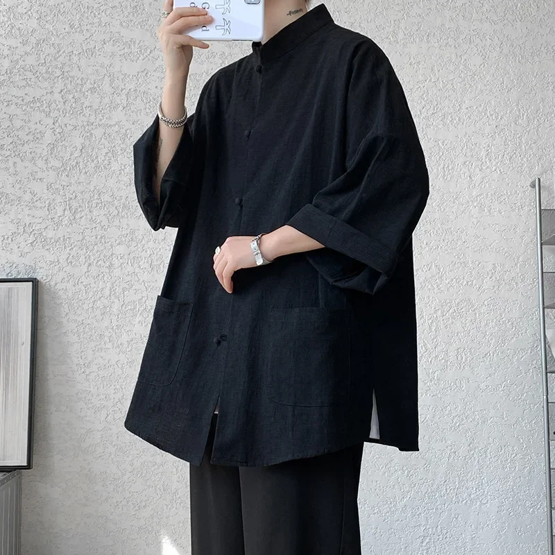 

Pop Tang Suit Chinese Style Shirt For Men Fashion Summer Short Sleeve Linen Shirts Men Stand Collar Tops Loose Chic Button Jacke
