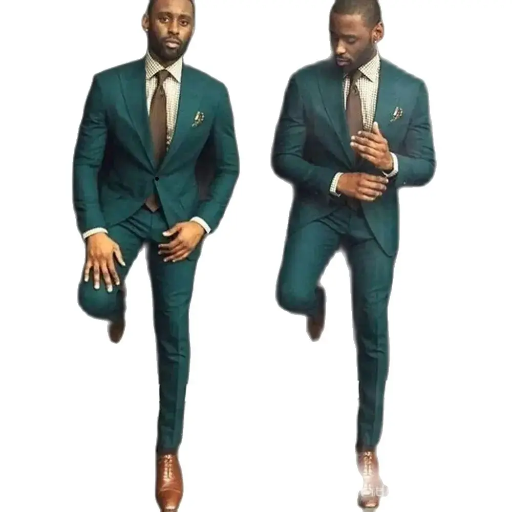 Summer Fashion Green Men Suits Two Piece Chic Peak Lapel Smart Casual Office Suit Slim Wedding Party Tuxedo (Blazer+Pants)