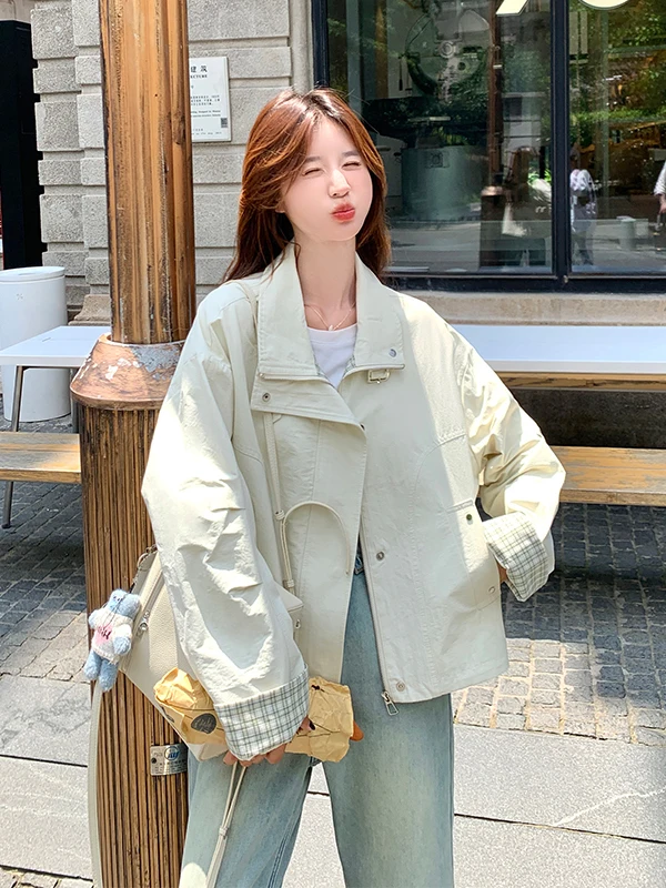 

Женская повседневная куртка свободного кроя в клетку с контрастными цветами, в корейском стиле, дышащая, из полиэфирного волокна