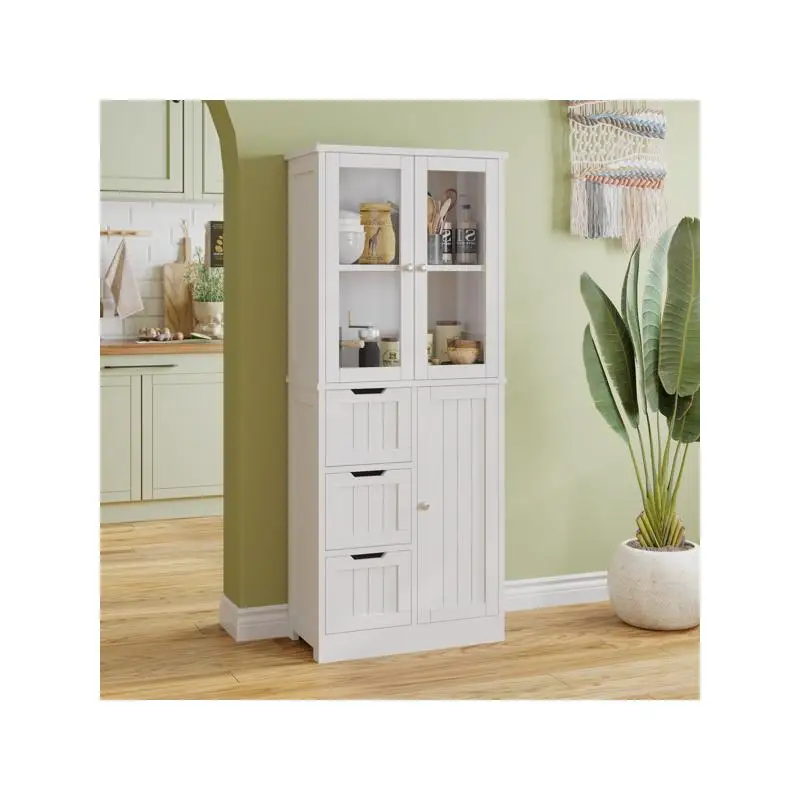 خزانة حمام متعددة الطبقات بثلاثة أبواب و3 أدراج، لمسة نهائية بيضاء، حل تخزين موفر للمساحة لأساسيات الحمام المنظمة