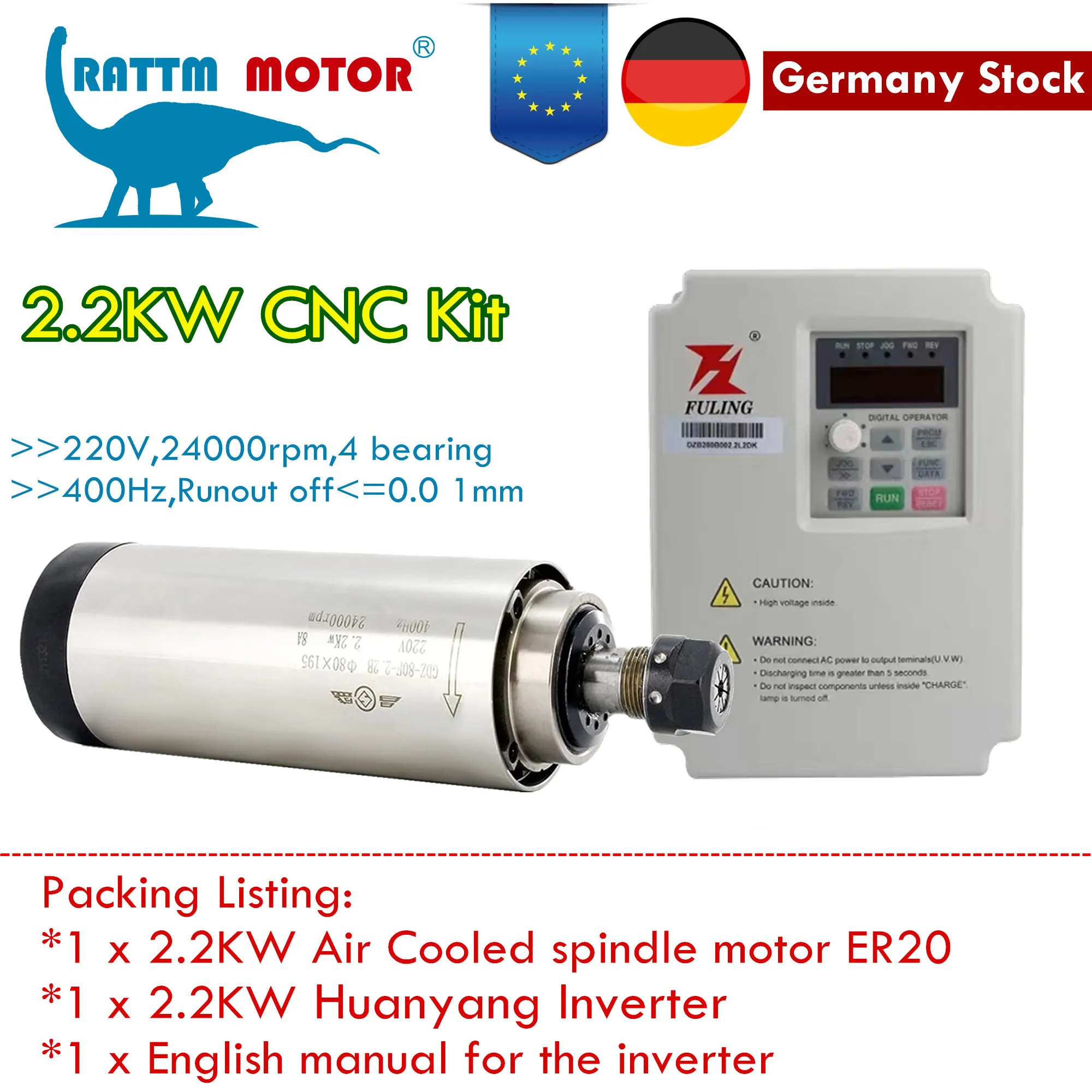 

〖EU Stock〗CNC Air Cooled Spindle 2200w Air-Cooled Spindle Motor 80mm ER20 Collet Variable Frequency Drive VFD Inverter 220V