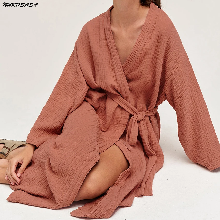 Cotton Bathrobe Female Loose Long Sleeve V Neck Sleepwear Solid Casual Robes For Women Home Dresses Autumn Clothes Sashes