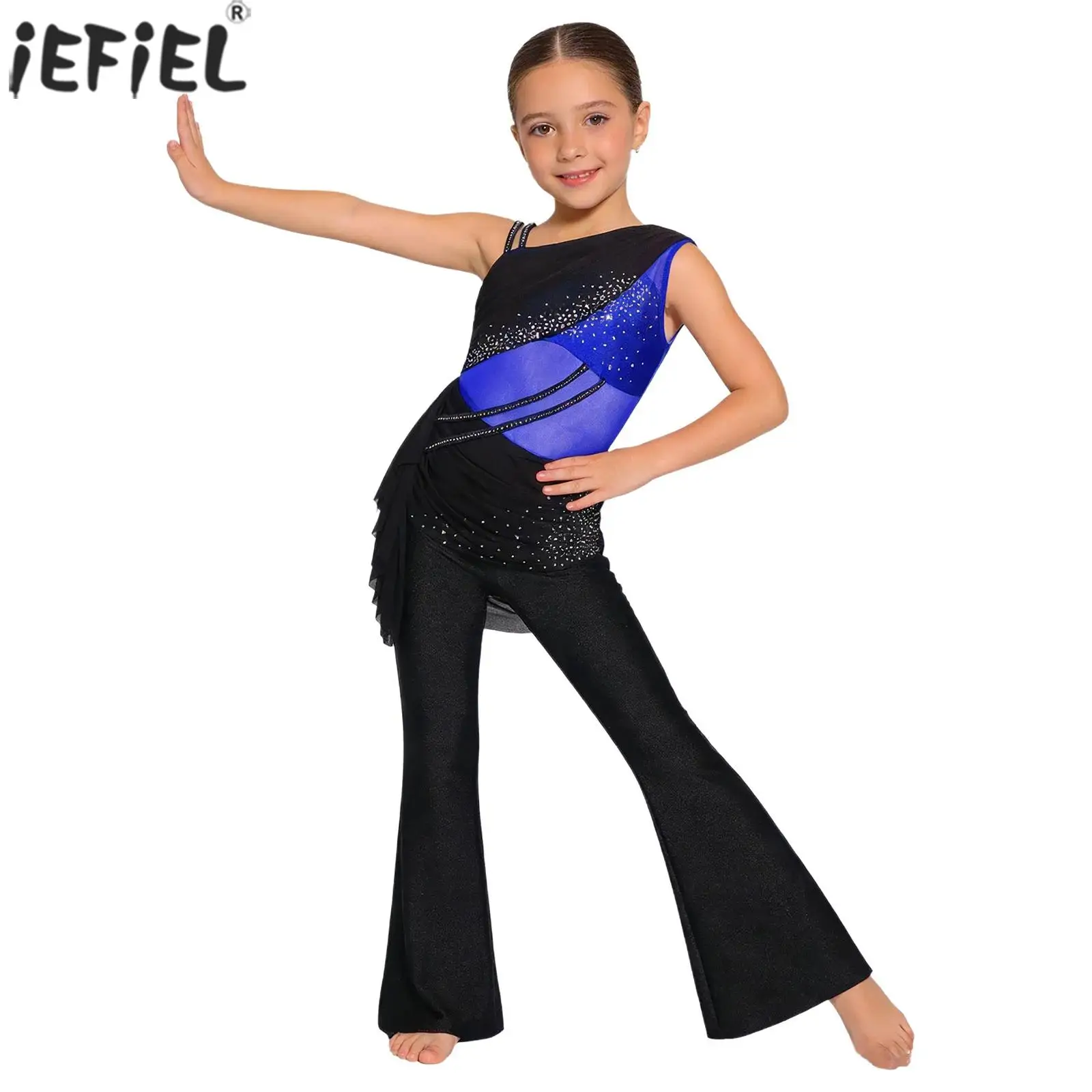 Kinder Mädchen Modern Jazz Latin Dance Jumpsuit Glitzernde Strass-Verzierung Mesh-Overlay Schlaghosen-Bodysuit Ballett Eiskunstlauf-Kostüm