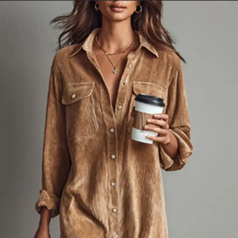 Winter Women Corduroy Dress - Retro Solid Ribbed Elegant Single Breasted Lapel Shirt Dress with Slit, Long Sleeve Female Clothi