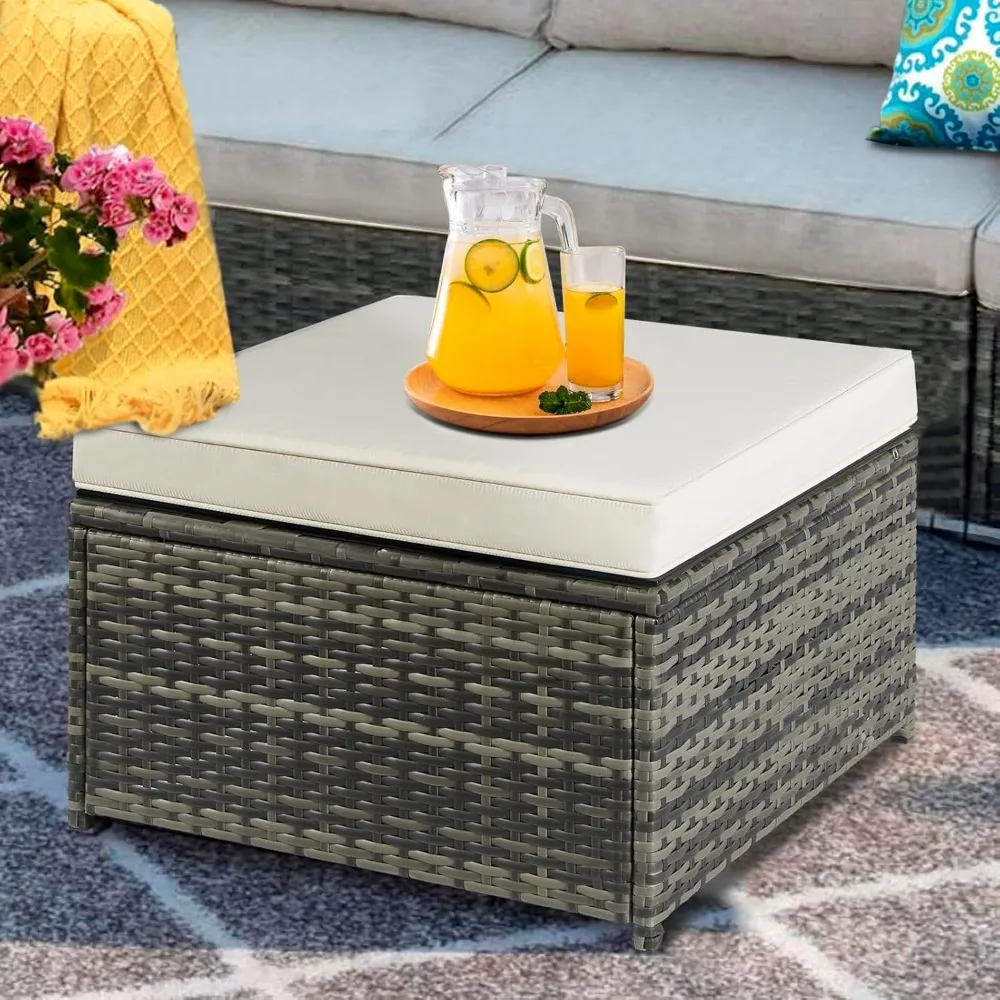 

Outdoor Patio Ottoman PE Rattan Footstool All Weather Outdoor, Wicker Rattan Outdoor Ottomans Footrest Seat Removable Cushion