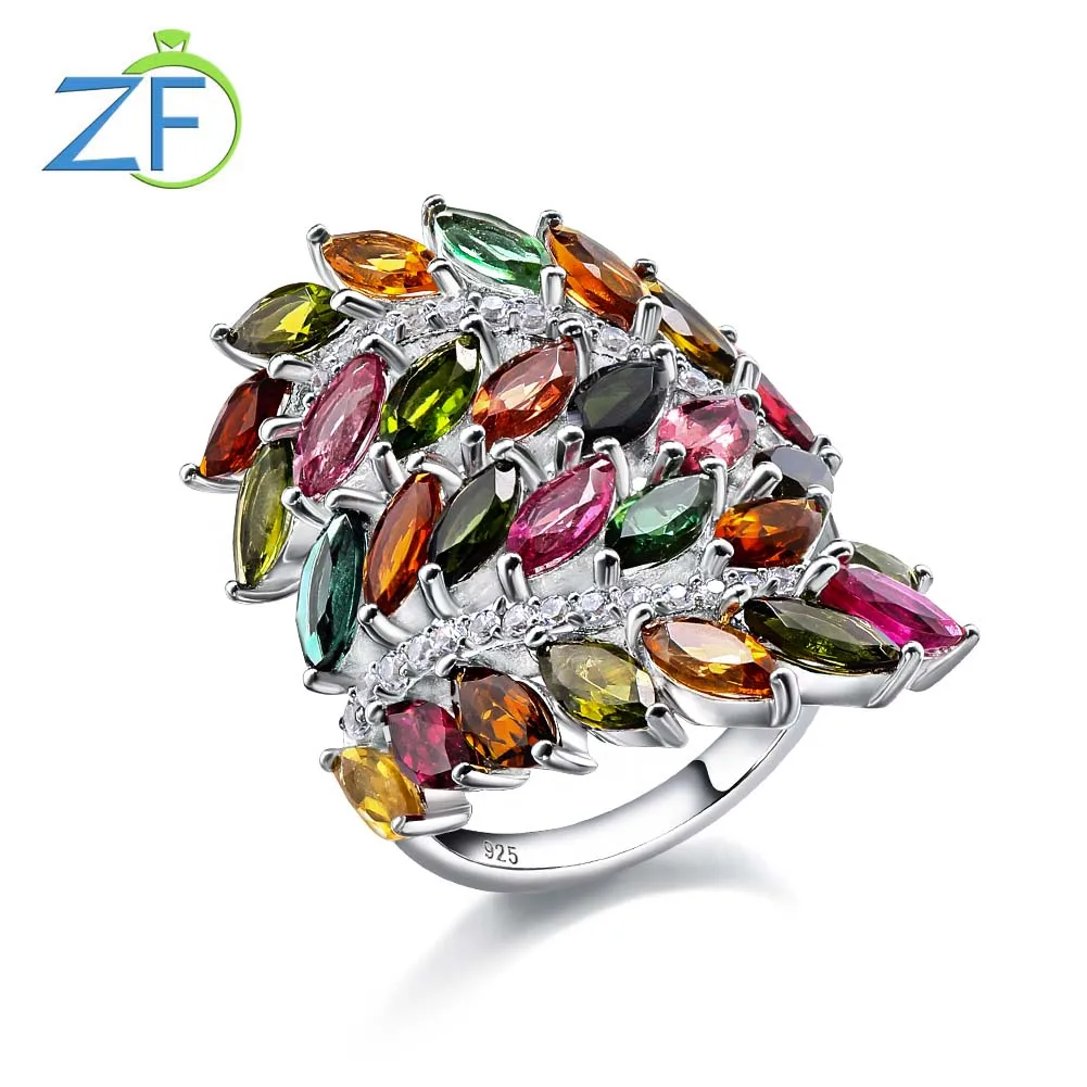 

GZ ZONGFA Pure 925 Sterling Silve Colorful Rings for Women Natural Tourmaline Gemstone 6.4Carats Elegant Trendy Fine Jewelry