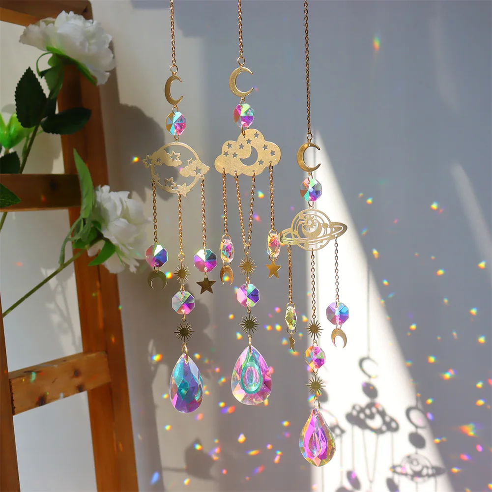 Crystal Wind Chimes Pipa Hexagon Prisms Light Catcher Rainbow Chaser Hanging Ornament Window Curtains Pendant Jewelry Home Decor