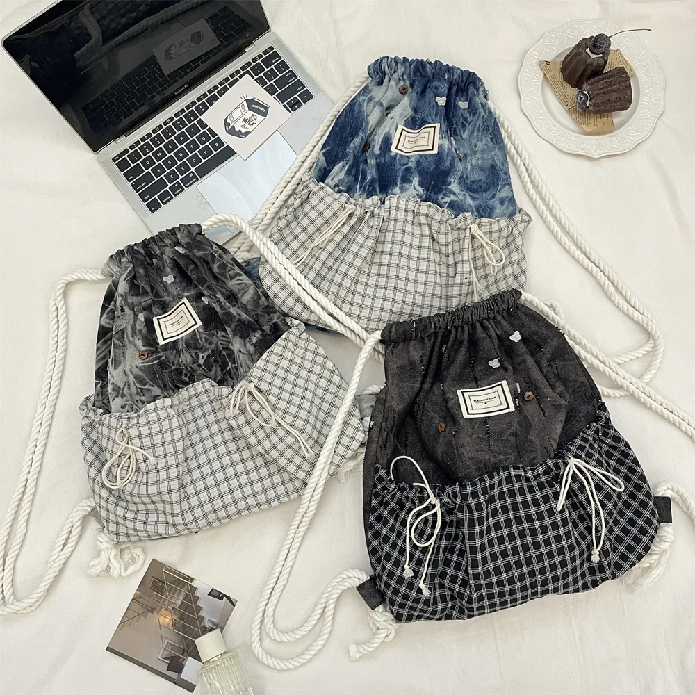 Patchwork Checkered Pattern Backpack Contrast Color Design Canvas Backpack Simple Style Pack for Spring Summer Women Use Bags