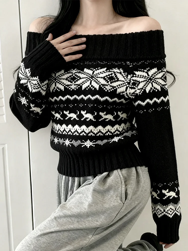 

Retro Knitted oulder Bared Sweater Women's Thiened Hooded Autumn Winter New Sle Fair Isle Casual Loose Fit Long Sve