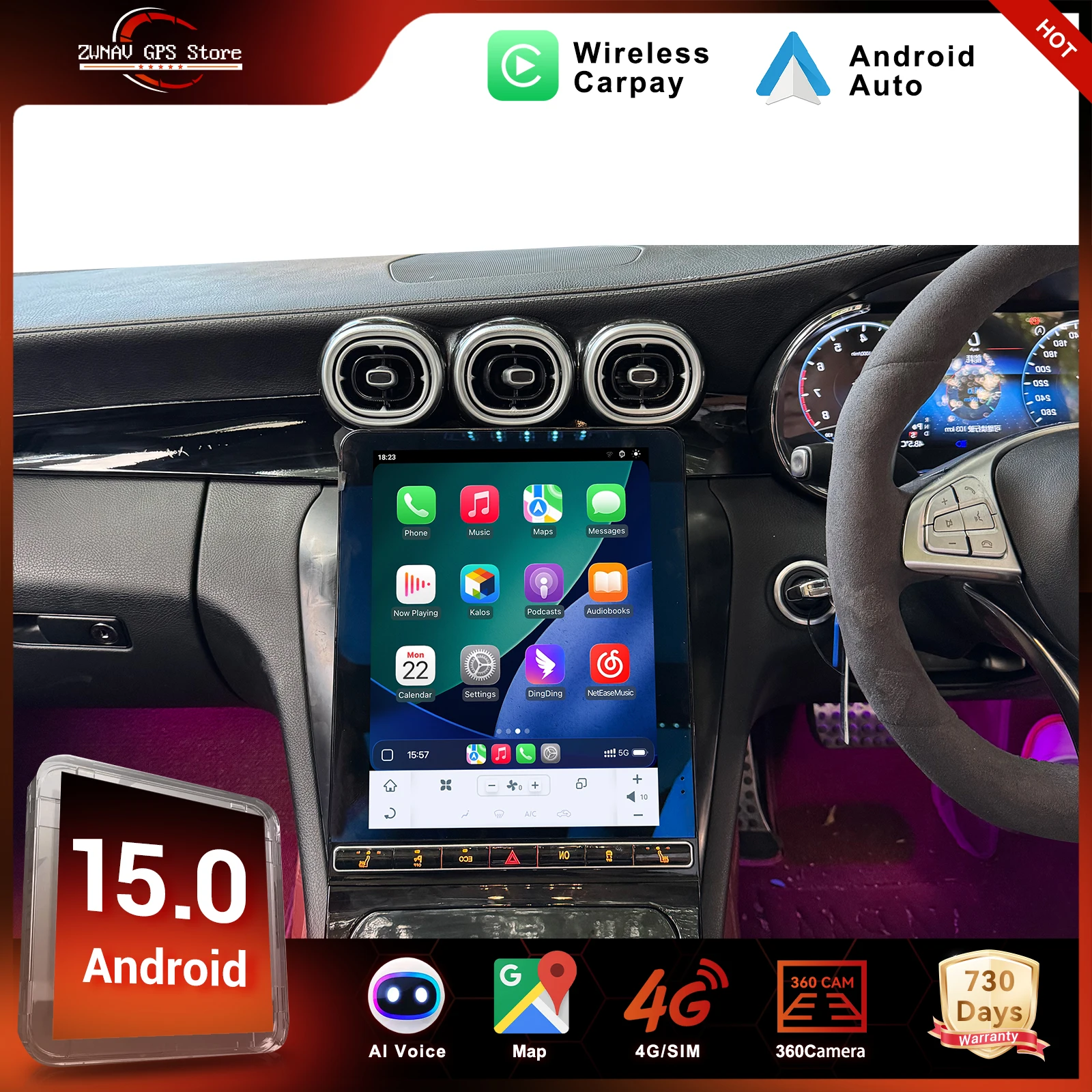 

ZWNAVAndroid15 Vertical Screen For Mercedes Benz C Class W205 GLC 2015-2022 Upgrade To W223 Car GPS Navigation Multimedia Player