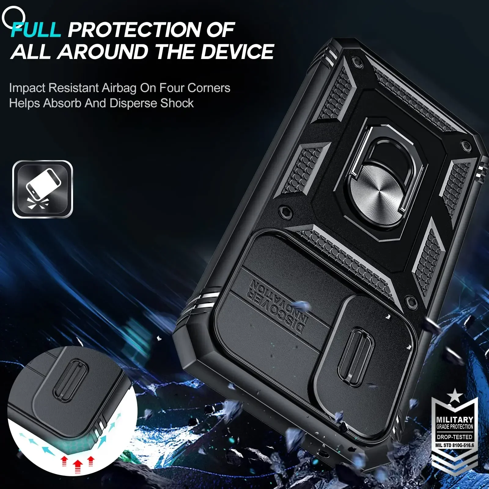 For Samsung S24 S23 S22 S21 FE Note 20 Ultra Case Plus A54 A14 A53 5G Kickstand Camera Slide Lens Protective Grade Rugged Cover