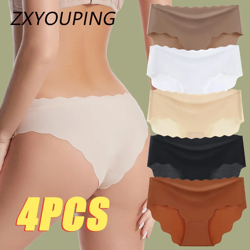 

4PCS Women Seamless Panty Set Invisible Wavy Ice Silk Panties Mid Waist Bag Hip Underwear Breathable Sports Yoga Bikini Briefs