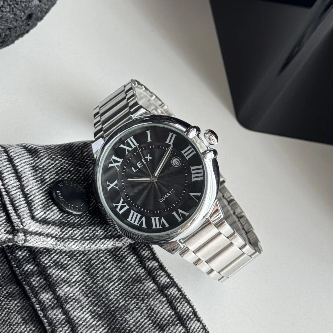 Elegant Men's Watches Roman Scale Analog Quartz Watch For Men Stainless Steel Silver Calendar Wristwatch Gifts Clock Montre