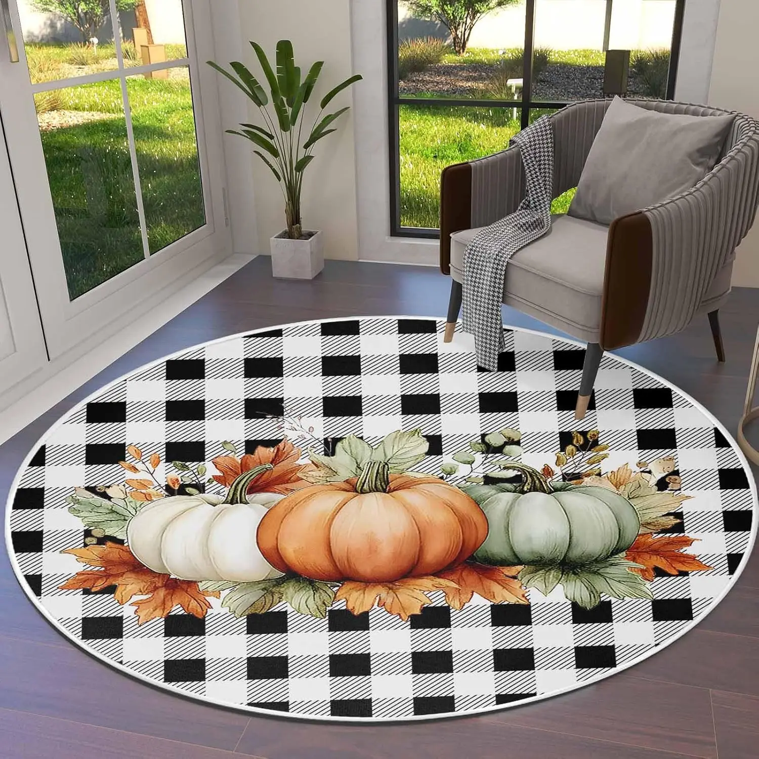 Orange Green Grey Fall Round Area Rugs Soft Area Rug for Kids Room, Botanical Thanksgiving Pumpkins Plaid Washable Living Room