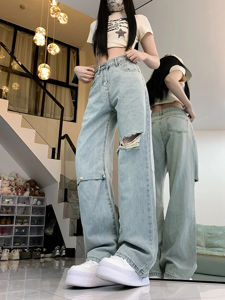 Light Wa High Waist Wide Leg Denim Jeans Women's Summer Loose plus Size High Street Torn Straight Leg Pants