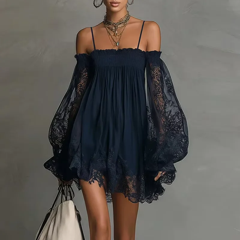 

Women Sexy Patchwork Lace Off Shoulder Mini Dress Spring Puff Long Sleeve Hollow Bohemian Dress Summer Beach Party Short Dresses