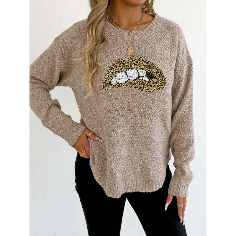 

Женский пуловер с леопардовым принтом и вышитыми пайетками, персонализированный свитер с круглым вырезом