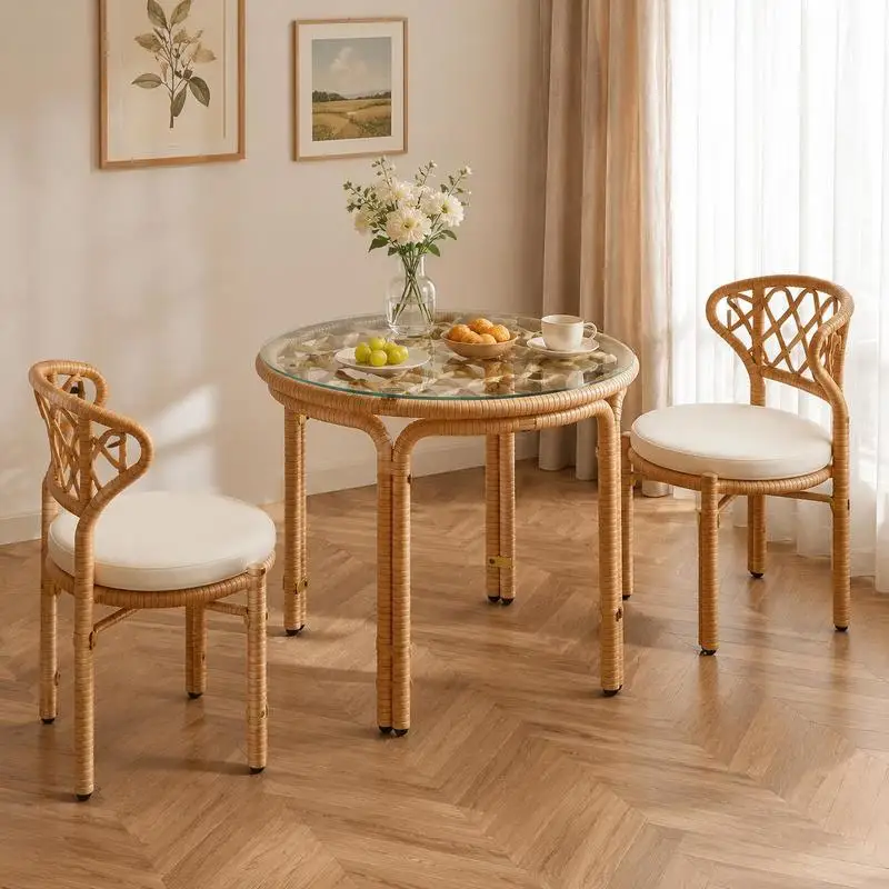 Table d'appoint de jardin Ø50x44cm en résine tressée, table basse ronde avec plateau en verre, table de terrasse, table de balcon, table d'extérieur, table de salon de jardin, résistante aux intempéries, facile à nettoyer, mobilier de jardin, couleur jaune