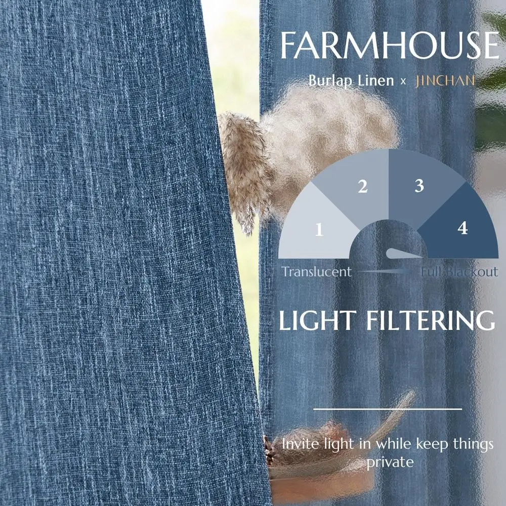 Französische Landhaus-Verdunkelungsvorhänge mit Leinenstruktur, 84 lang, für Wohnzimmer und Schlafzimmer, Blau, 2-teiliges Set