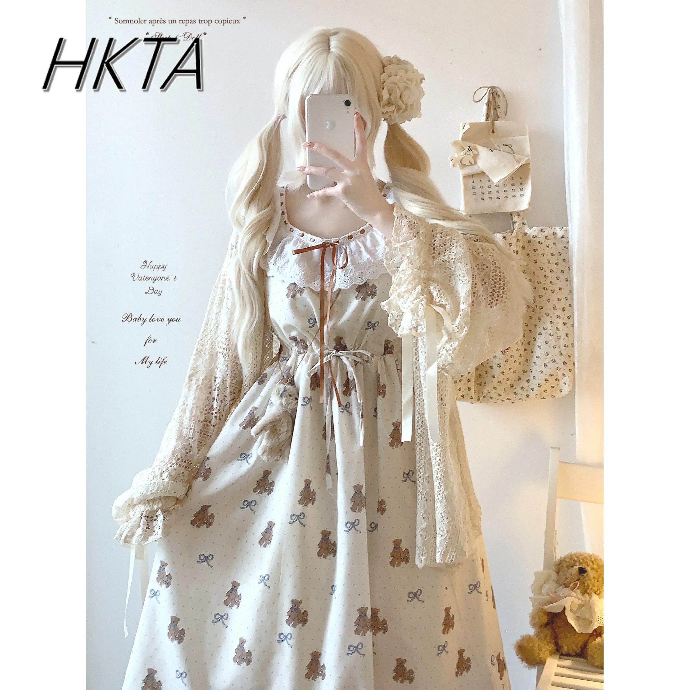 

Vintage Polka Dot Sweet and Cute Cartoon Print Lace Long Dress Women Girls Casual Square Neck Bubble Short Sleeve Dresses Summer