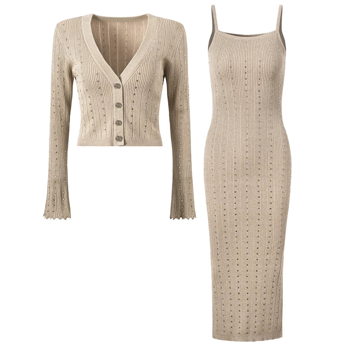 

High Quality Autumn New Fashion Knitted Rhinestone V-neck Long Sleeved Cardigan Slim Fit Suspender Dress Women's Set