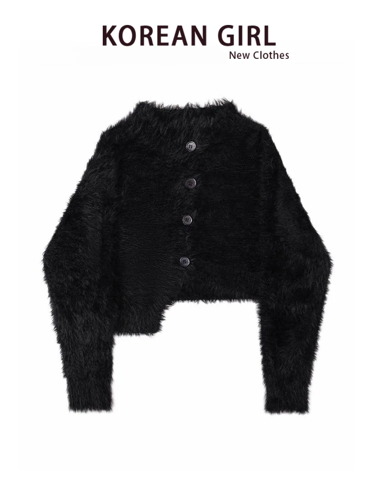 

Вязаный кардиган-пальто женский осенне-зимний из мягкого вельвета под норку, в стиле Харадзюку, с длинными рукавами, круглым вырезом, на пуговицах, топ