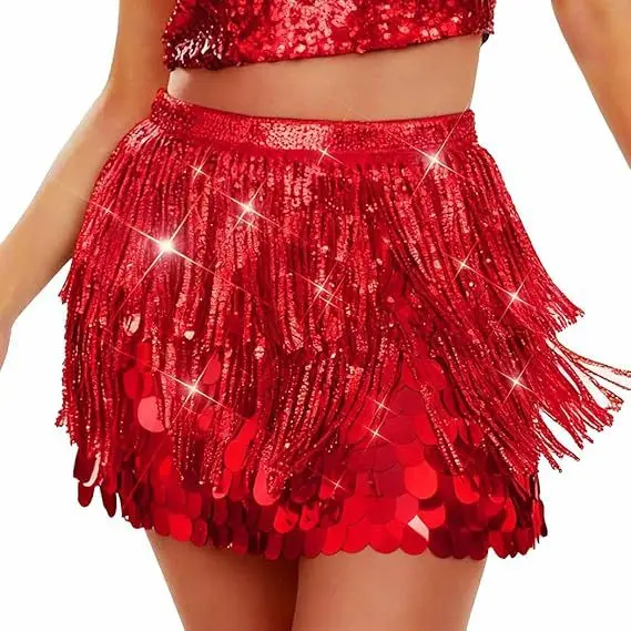Sequin Belly Dance Indian Dance Skirt Fringed Waist Chains Hip Scarf Multi-layered Sequin Performance Competition Clothes