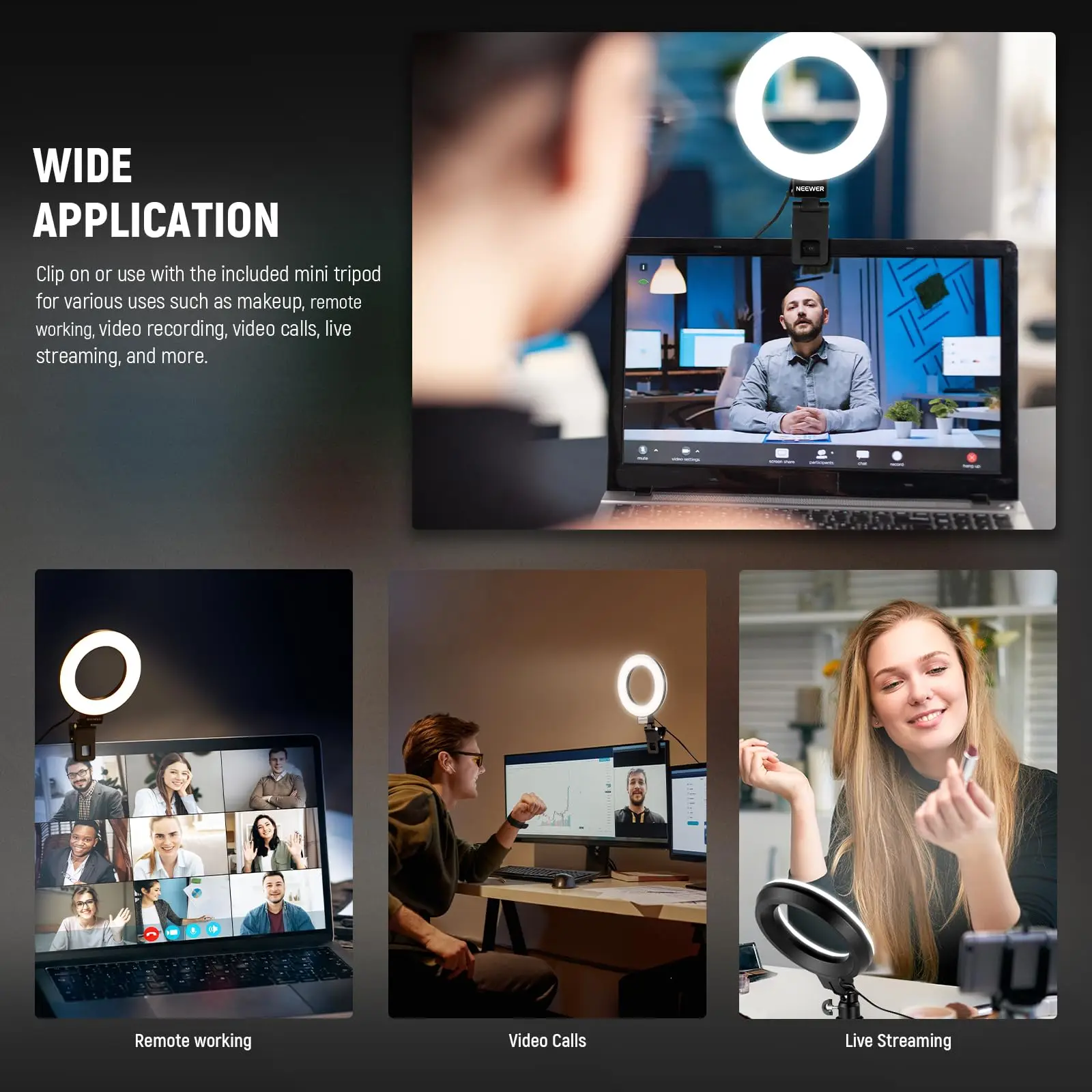 NEEWER BASICS 5-дюймовое двухцветное мини-кольцо для освещения видеоконференций, комплект освещения с зажимом и настольным штативом для монитора портативного компьютера
