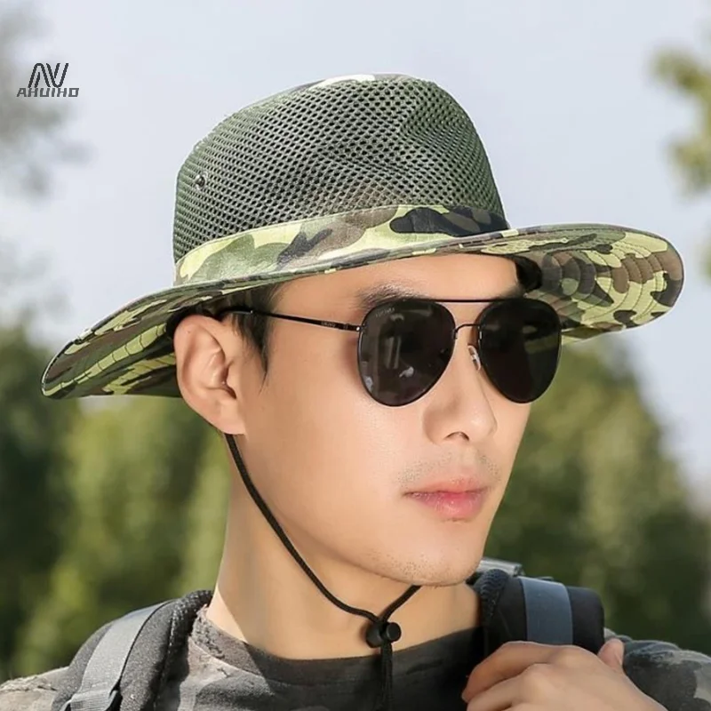 

Summer Men Breathable Sun Hat Outdoor Traveling Fishing Hiking Hats Sunscreen Fisherman Bucket Hat Wide Brim Male Cap UV Protect