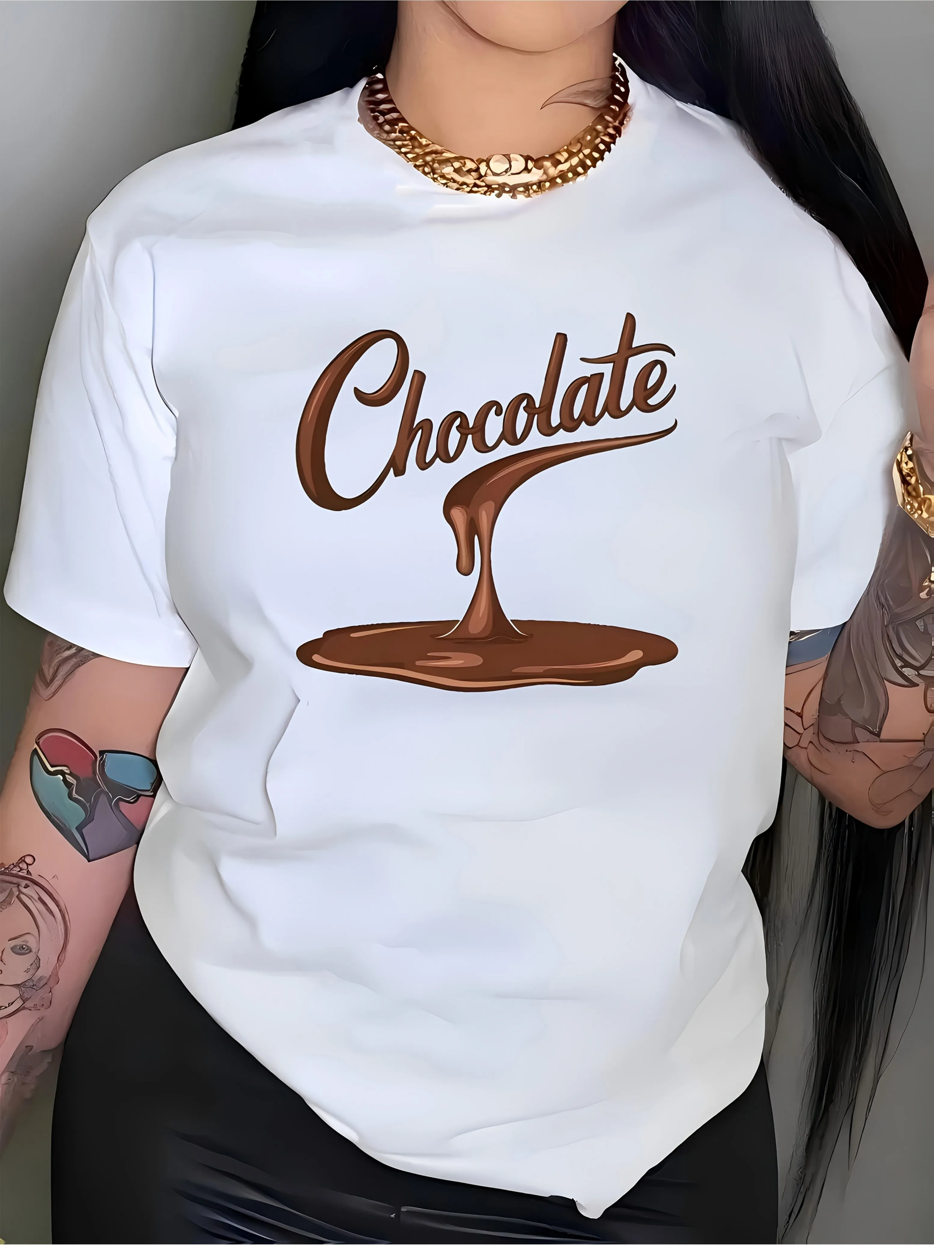 レディース カジュアル ラウンドネックシャツ チョコレート柄 ショート 適した季節 ファッション チョコレート愛好家に適しています