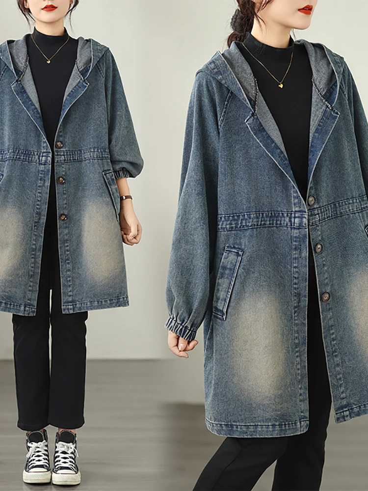 2025 Autunno Nuovo Cappotto da Cowboy con Cappuccio Retro Allentato Monopetto Giacca a Vento di Media Lunghezza Blu Giacca di Jeans con Tasca Casual