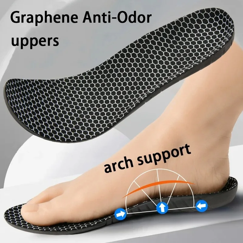 Schwarze orthopädische Einlegesohlen mit Fußgewölbestütze, stoßdämpfende Sporteinlagen, atmungsaktive, geruchshemmende Schuhpolster für Laufen, Gehen und Training – Detail 4