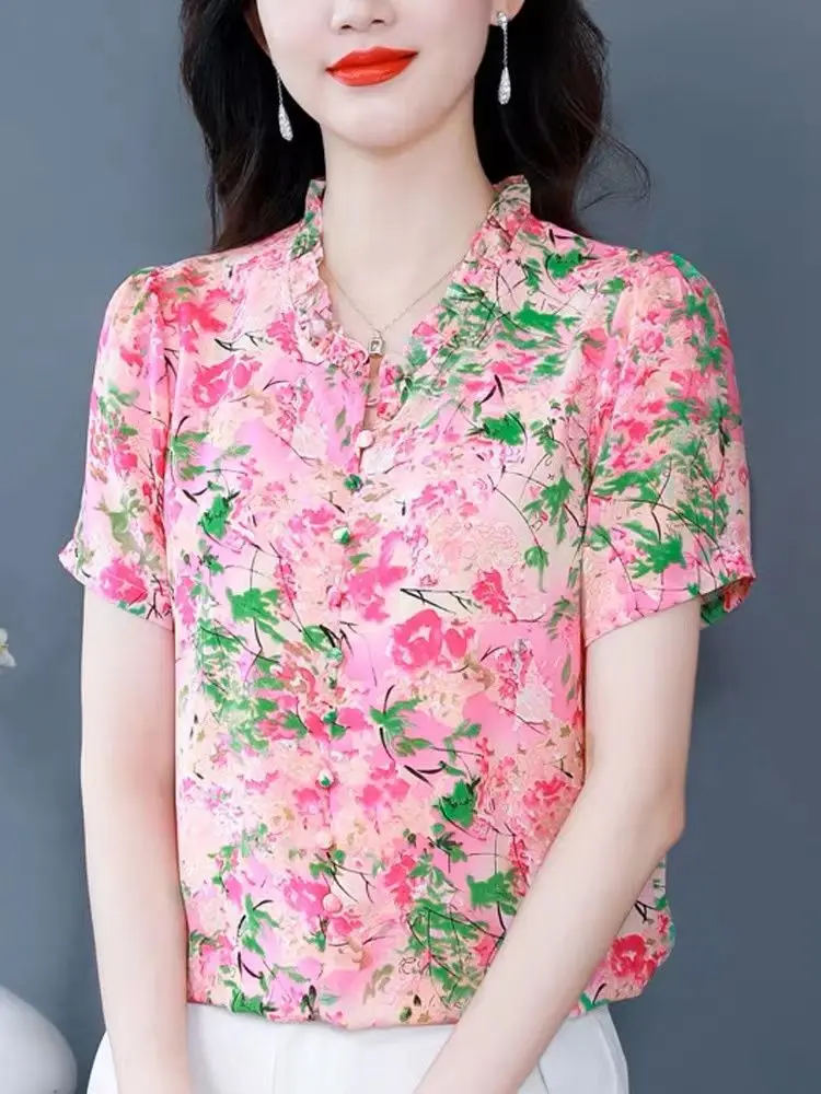 Mode chiffon blouse met V-hals, dames zomer nieuwe stijl losse top met elegante ruches zoom